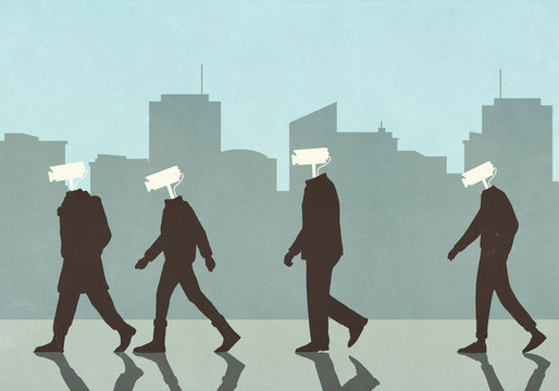 Men with surveillance camera heads in city