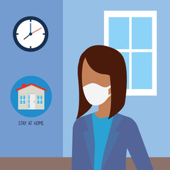 campaign stay at home with woman afro vector illustration design