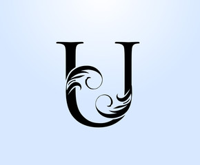 Luxury letter U Crest logo. Vintage classic drawn emblem for book design, weeding card, brand name, business card, Restaurant, Boutique, Hotel.
