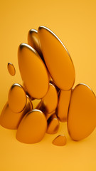 Liquid abstract shapes 3d rendering illustration. Bold yellow and gold materials. Creative trendy wallpaper. Vertical tie template with space for text. Flying shapes movement.