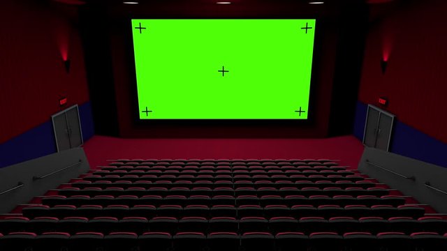 Movie Theater Green Screen Pull Back. view pulls back from Screen in a rendered movie theater with a greean screen and luma matte for compositing