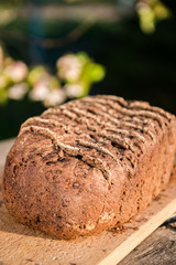 Fresh rye bread or whole grain bread on dark table background. Healthy baked bread in slices, whole homemade bread. Organic food. 
