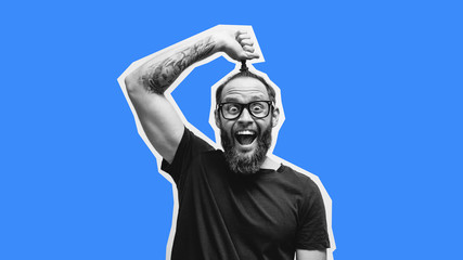 Crazy hipster guy emotions. Collage in magazine style with happy emotions. Discount, sale, season sales. Colorful summer concept.