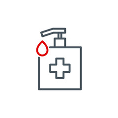 sanitizer dispenser with antiseptic drop gel single line icon isolated on white. Perfect outline antibacterial bottle symbol Coronavirus Covid 19 pandemic banner. Quality element with editable Stroke