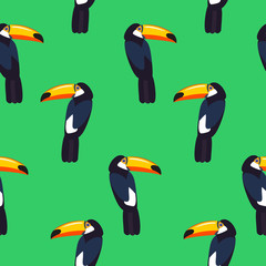 Seamless vector background with toucans on a green background.