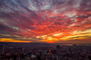 Stunning red clouds over the city. Varna, Bulgaria