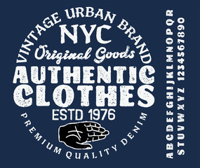 Vector illustration on a theme of American jeans, denim and raw. Vintage design. Grunge background. Typography, t-shirt graphics, print, poster, banner, flyer, postcard.Handmade Vintage Font for label