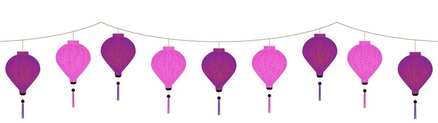 decorative vietnamese pink and violet lantern garland isolated on white background © Karolna