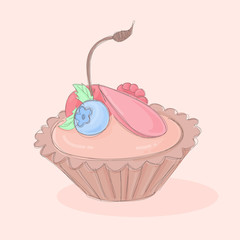 Mini tart cookie with a strawberry, blueberry, cherry and a mint leaf. Cake baking at home.