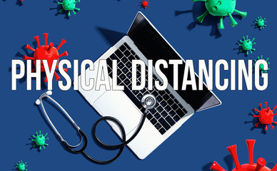 Physical Distancing coronavirus theme with stethoscope and laptop computer