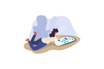 Girl on self-isolation during quarantine, vector illustration. In city flu virus fly between houses. Woman character work at laptop, fenced off from outside world. Coronovirus protection.