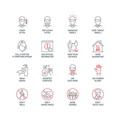 Routes of transmission, Signs and symptoms, Prevention, prohibited actions Coronavirus line icons isolated on white. Perfect outline symbols Covid 19 banner. design elements with editable Stroke line