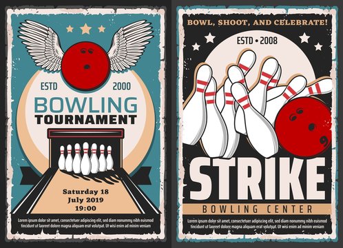 Bowling tournament, leisure and entertainment sport center, vector vintage posters. Bowling ball with with and skittle pins in strike on lane, premium quality stars club