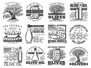 Olive oil, vector labels, olives farm products icons. Extra virgin olive oil in bottle and jug, pickled green and black olives, natural organic premium quality food
