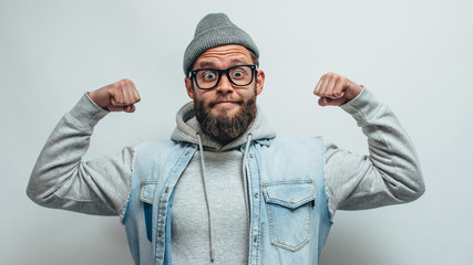 Crazy hipster guy emotions. Collage in magazine style with happy emotions. Discount, sale, season sales. Colorful summer concept.