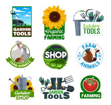 Farming vector icons, gardener tools store and organic vegetables harvest shop. Cattle farm animals and poultry, dairy farm cow, chicken, goose and turkey, gardening pitchfork, lawnmower and spade