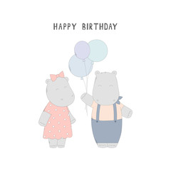 Happy birthday greeting card with hippos. Drawn vector card for kids on white.
