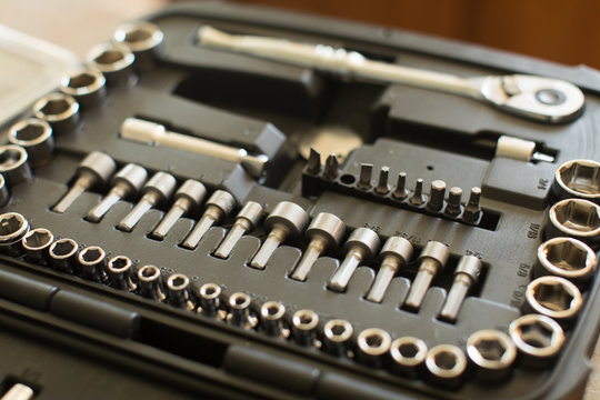 Close Up Of Metal Socket Set In Tool Box