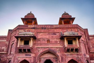 Old red sandstone palace at the Mughal city of Fatehpur Sikri in Agra, India