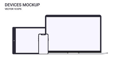 Device mockup template set of laptop, tablet, smartphone vector illustration