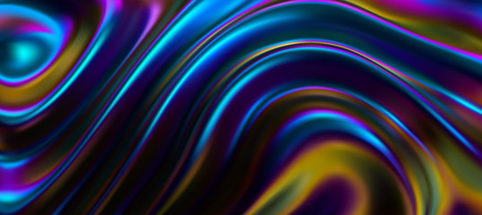 Iridescent surface with wavy ripples. Vector 3d illustration. Abstract fluorescent background. Fluid neon leak backdrop. Decoration for futuristic design. Ultraviolet viscous substance