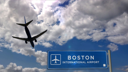 Plane landing in Boston with signboard