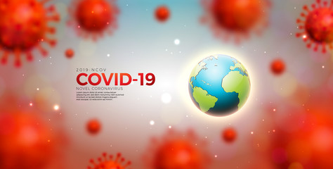 Covid-19. Coronavirus Epidemic Design with Virus Cells and Earth on Light Background. Vector 2019-ncov Corona Virus Illustration Template on Dangerous SARS Outbreak Theme for Banner or Flyer.