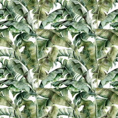 Watercolor tropical seamless pattern with banana leaves. Hand painted exotic leaves and branches isolated on white background. Floral spring illustration for design, print, fabric or background.