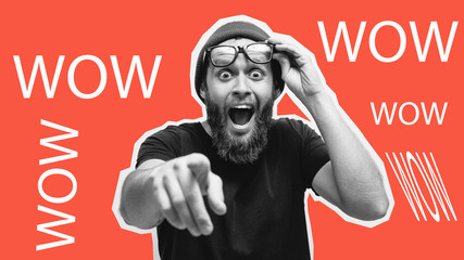 Collage in magazine style. Amazed, excited man doesn`t believe his eyes. OMG. WOW!!! Discount, sale, season sales.