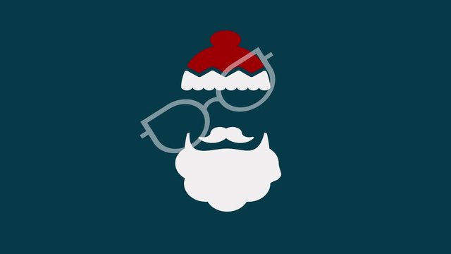 fluffy beard moves to center and stops then hair with red christmas hat settle on top cool mustache and pair of hipster sunglasses complete the young chic santa claus animated design