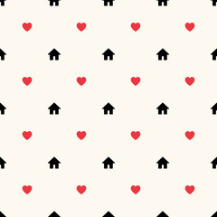 Seamless vector geometric pattern with house icons and red hearts. Concept of staying home, selfisolation, social distancing during covid-19 quarantine