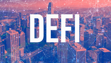 Decentralized Finance theme with abstract network patterns and downtown San Francisco skyscrapers