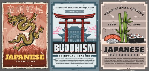 Japan travel, Japanese culture traditions and religion, vintage vector posters. Buddhism temples and pagodas, spiritual meditation and intrinsically, golden dragon symbol and Japanese sushi food