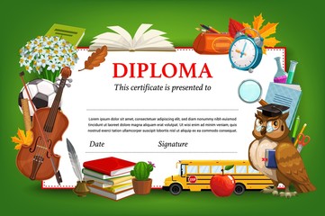 School diploma vector template, kindergarten or preschool graduate certificate. Cartoon frame with owl teacher, textbooks and violin, daffodils flowers bouquet, autumn fallen leaves and alarm clock