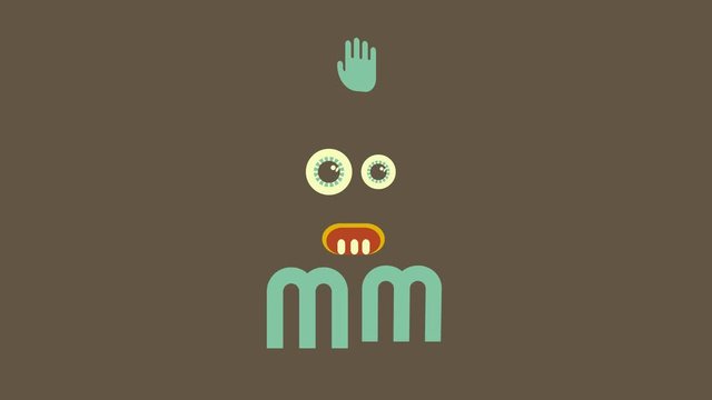 animation of a funny toothy monster with teeth popping up on an open mouth eyes of different sizes three hands and a chubby body appearing bouncing and spinning