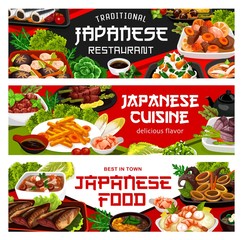 Japanese cuisine restaurant vector banners, Japan authentic food dishes menu. Traditional national Japanese lunch and dinner meals, pork and chicken meat, seafood fish, vegetables, miso and tempura