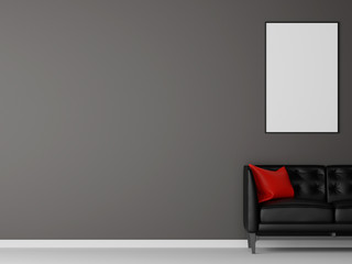 Group of picture frame mock up with black sofa in living room. 3d rendering.