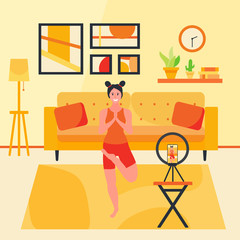 Happy woman doing yoga online with smartphone, in cozy room interior. Concept of teaching yoga through internet . Female blogger creating content for blog during quarantine. Flat vector illustration