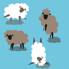 Hand drown figurines of sheep in different positions white and grey pattern. Doodle style. For dress fabric, T shirt print, postcard, banners.