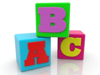 Colored toy blocks with numbers A B C on white
