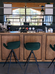 Bar counter with bar chairs in loft style - obrazy, fototapety, plakaty
