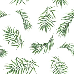 Behang Naadloze patroon met aquarel palmbladeren op witte achtergrond. Tropische aquarel eindeloos patroon. Zomer botanische achtergrond. Strand palm patroon. Voor stoffen, textiel, design, uitnodiging. © Яніна Бондар