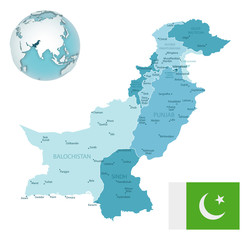 Pakistan administrative blue-green map with country flag and location on a globe.