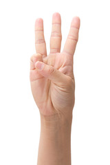 Hand shows number three, isolated background