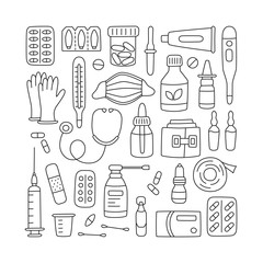 Set of hand drawn medications, drugs, pills and health care medical elements. Vector illustration in doodle style on white background. Editable stroke