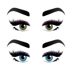 Two pairs of womans eyes, eyelashes and eyebrows.