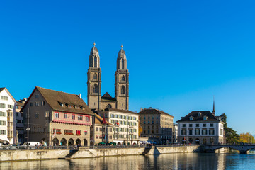 Fraumunster and Grossmunster churches in sunset light, Zurich, Switzerland