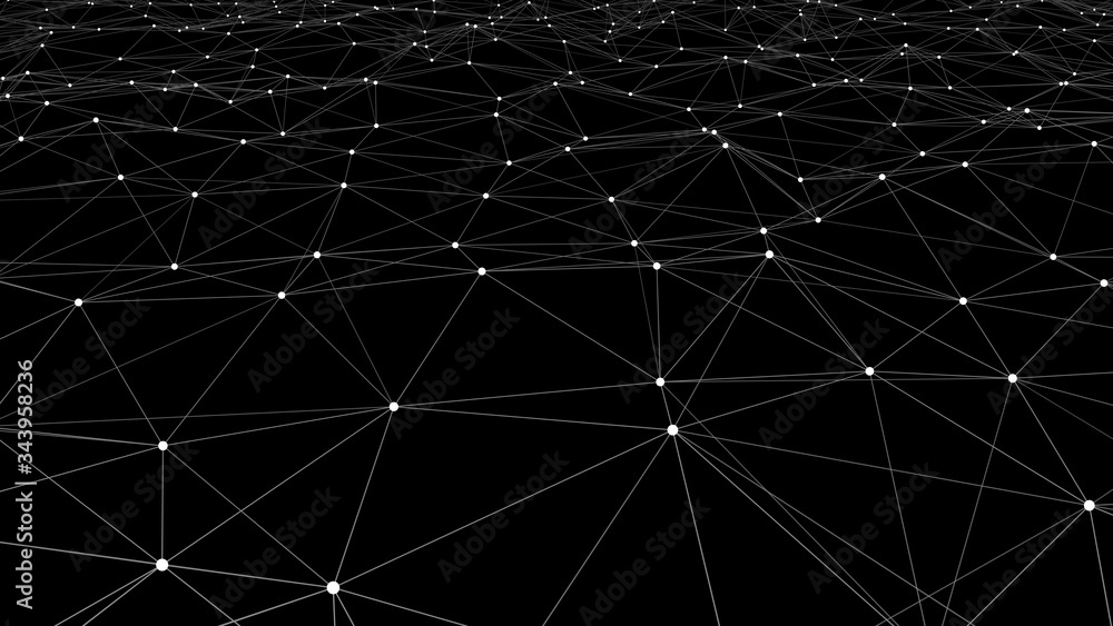 Poster vector perspective grid. network of bright connected dots and lines. abstract dynamic wave of many p