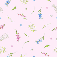 watercolor summer pattern wildflowers, plant, leaves. Meadowflowers