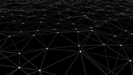 Vector perspective grid. Network of bright connected dots and lines. Abstract dynamic wave of many points. Detailed lines forming an abstract background